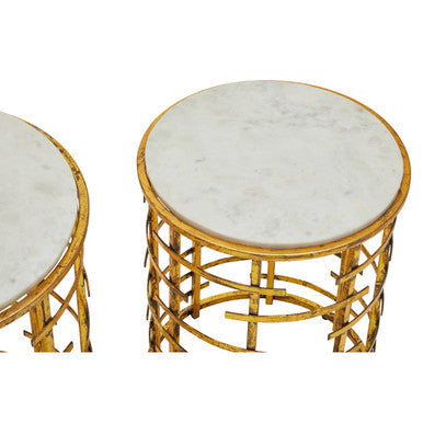 Set of 2 White Marble Round Nesting Tables with Gold Base