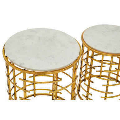 Set of 2 White Marble Round Nesting Tables with Gold Base