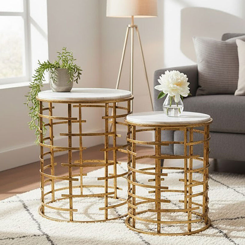Set of 2 White Marble Round Nesting Tables with Gold Base