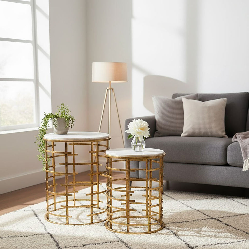 Set of 2 White Marble Round Nesting Tables with Gold Base