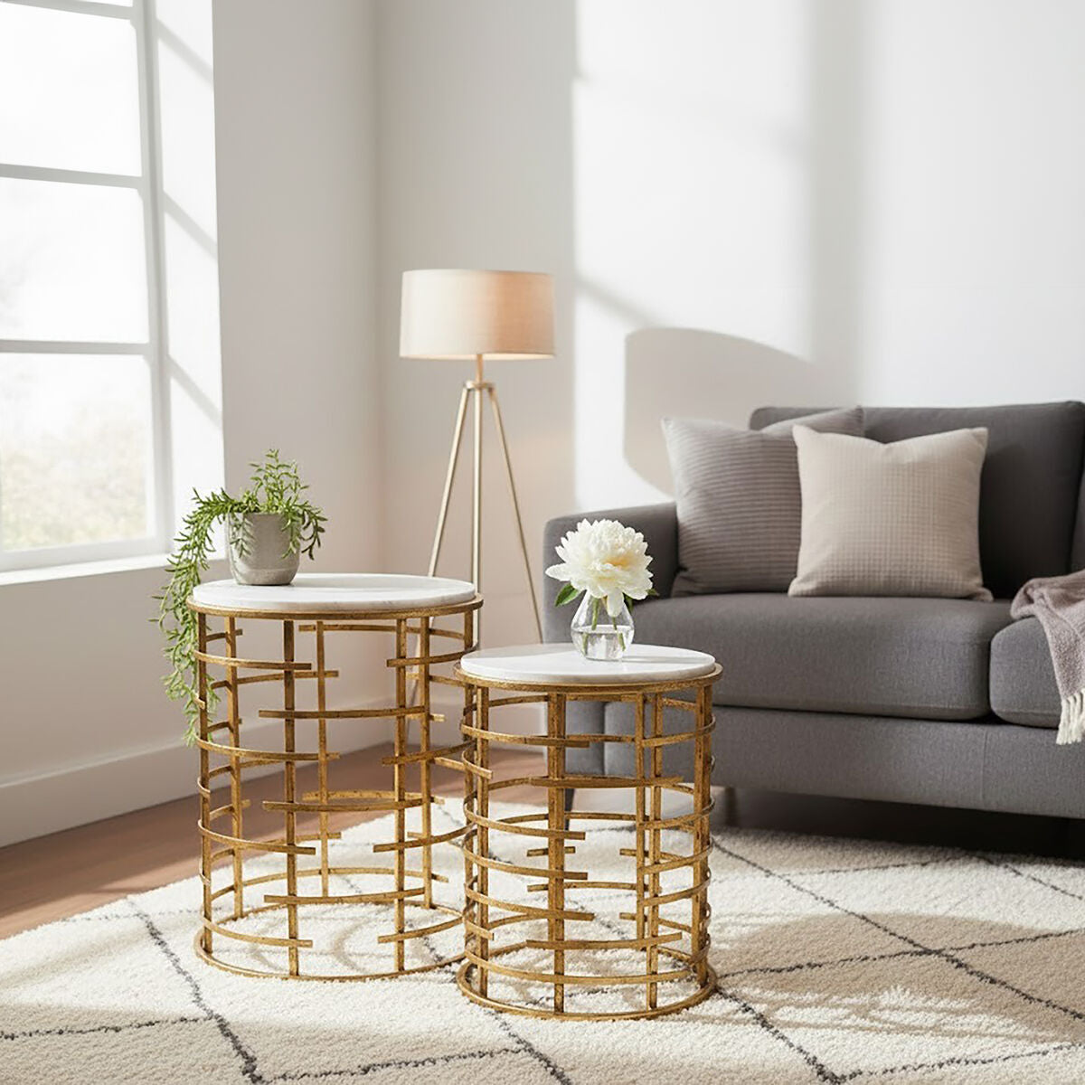 Set of 2 White Marble Round Nesting Tables with Gold Base