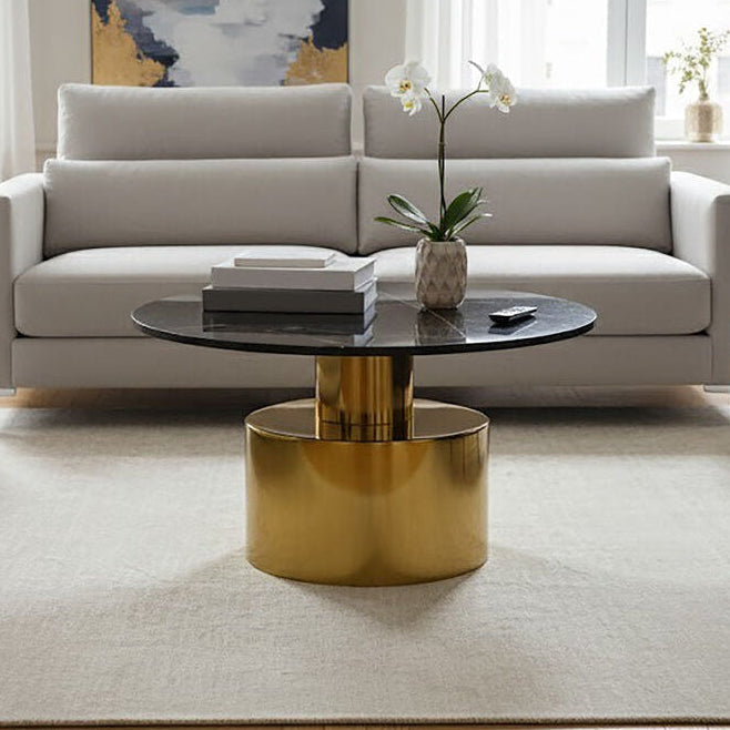 White Marble Round Top Coffee Table with Gold Sculptural Base