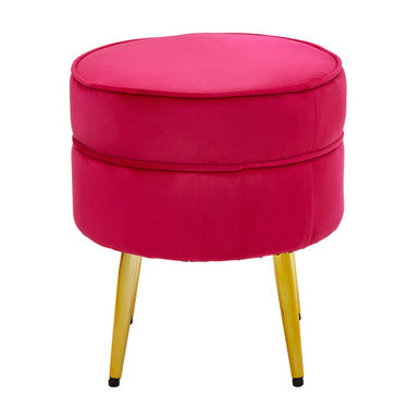 Round Bright Pink Velvet Footstool with Gold Legs