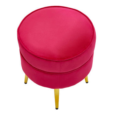 Round Bright Pink Velvet Footstool with Gold Legs
