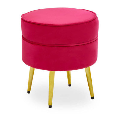 Round Bright Pink Velvet Footstool with Gold Legs
