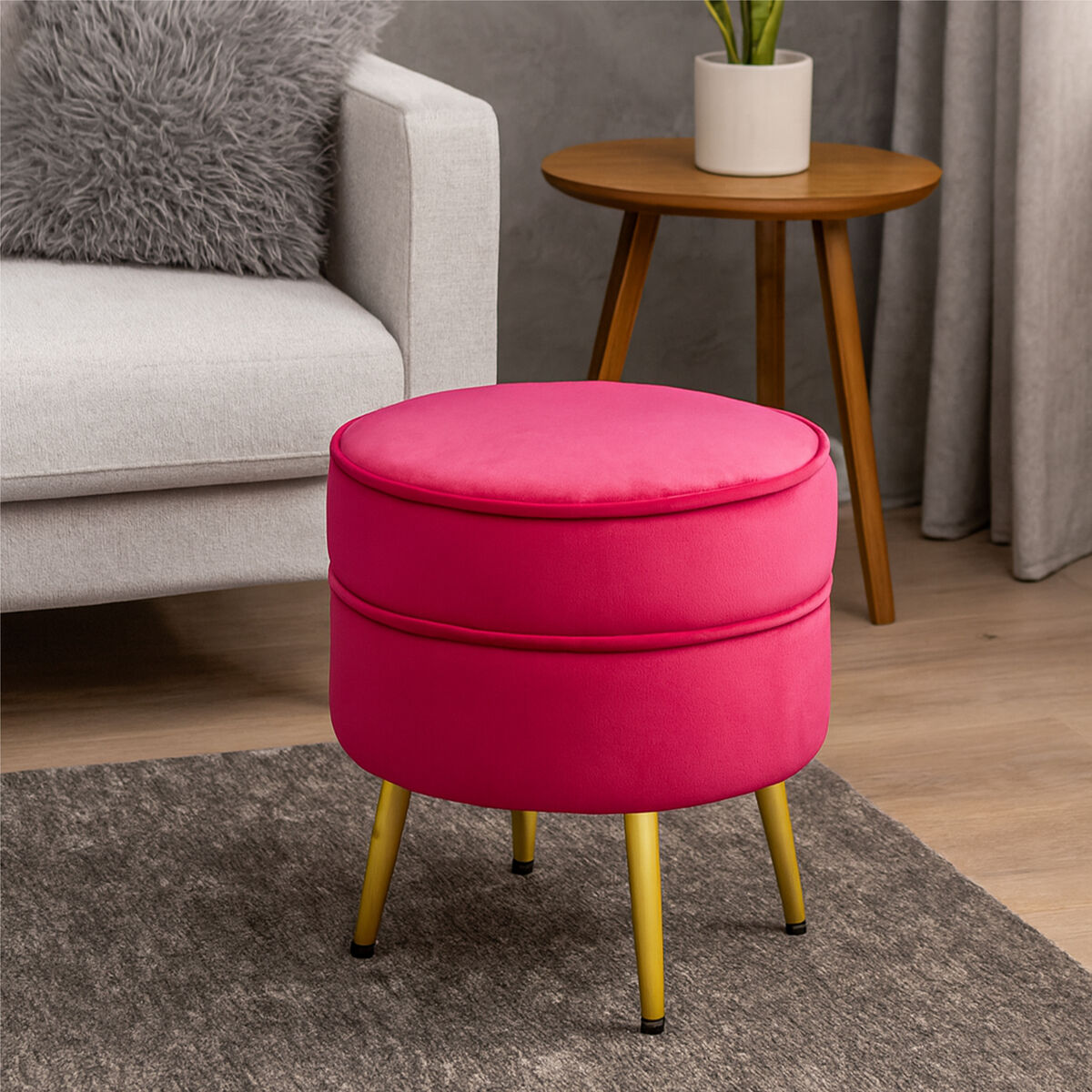 Round Bright Pink Velvet Footstool with Gold Legs