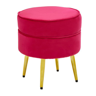 Round Bright Pink Velvet Footstool with Gold Legs