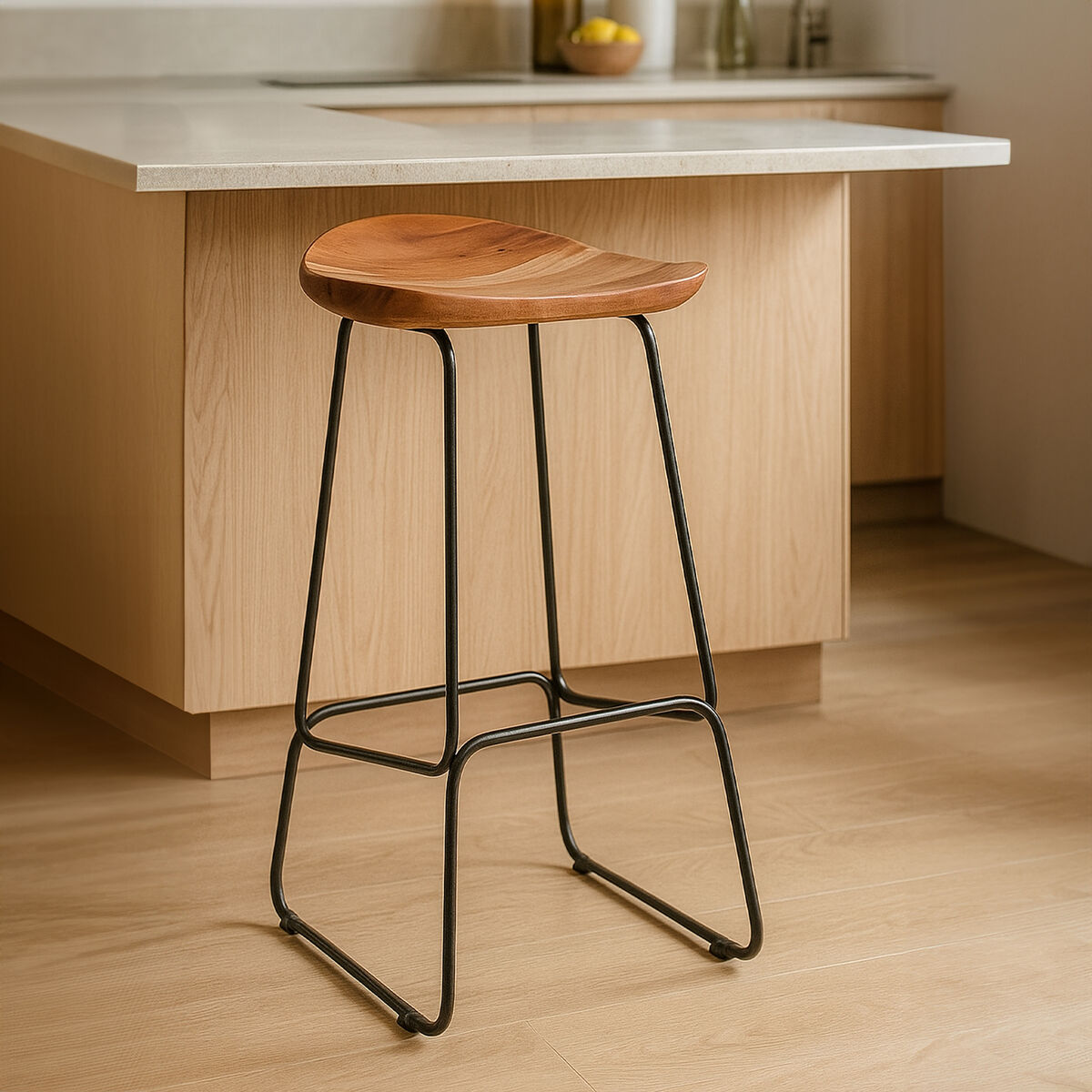 Acacia Wood and Black Frame Bar Stool