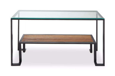 Tempered Glass Top Console Table with Wood Shelf and Black Metal Frame