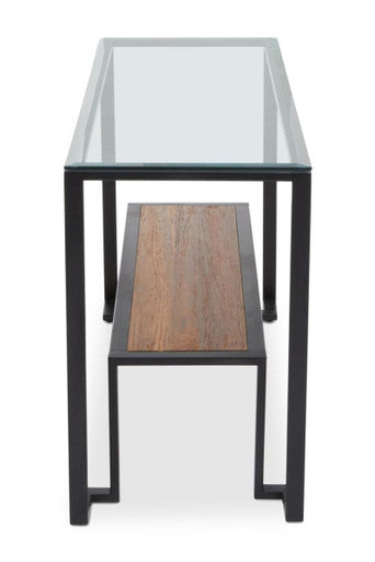 Tempered Glass Top Console Table with Wood Shelf and Black Metal Frame