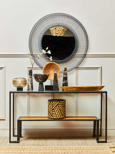 Tempered Glass Top Console Table with Wood Shelf and Black Metal Frame