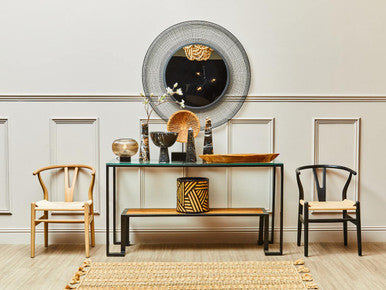Tempered Glass Top Console Table with Wood Shelf and Black Metal Frame