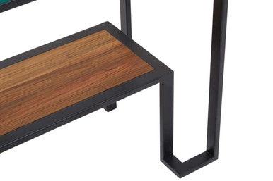 Tempered Glass Top Console Table with Wood Shelf and Black Metal Frame