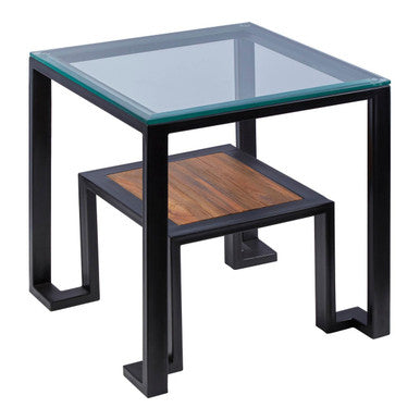 Clear Glass Top Side Table with Wood Shelf and Black Metal Frame