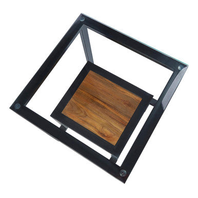 Clear Glass Top Side Table with Wood Shelf and Black Metal Frame