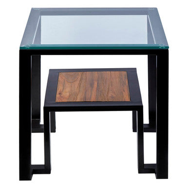 Clear Glass Top Side Table with Wood Shelf and Black Metal Frame