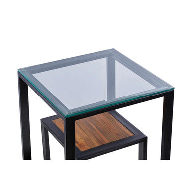 Clear Glass Top Side Table with Wood Shelf and Black Metal Frame