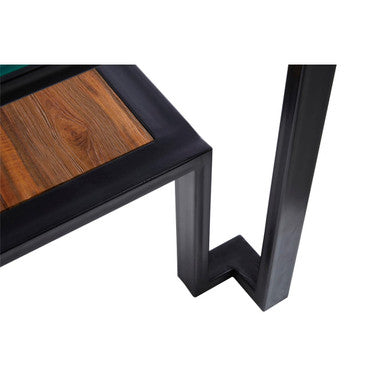 Clear Glass Top Side Table with Wood Shelf and Black Metal Frame