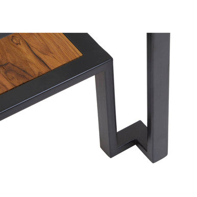 Clear Glass Top Side Table with Wood Shelf and Black Metal Frame