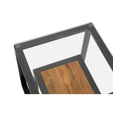 Clear Glass Top Side Table with Wood Shelf and Black Metal Frame