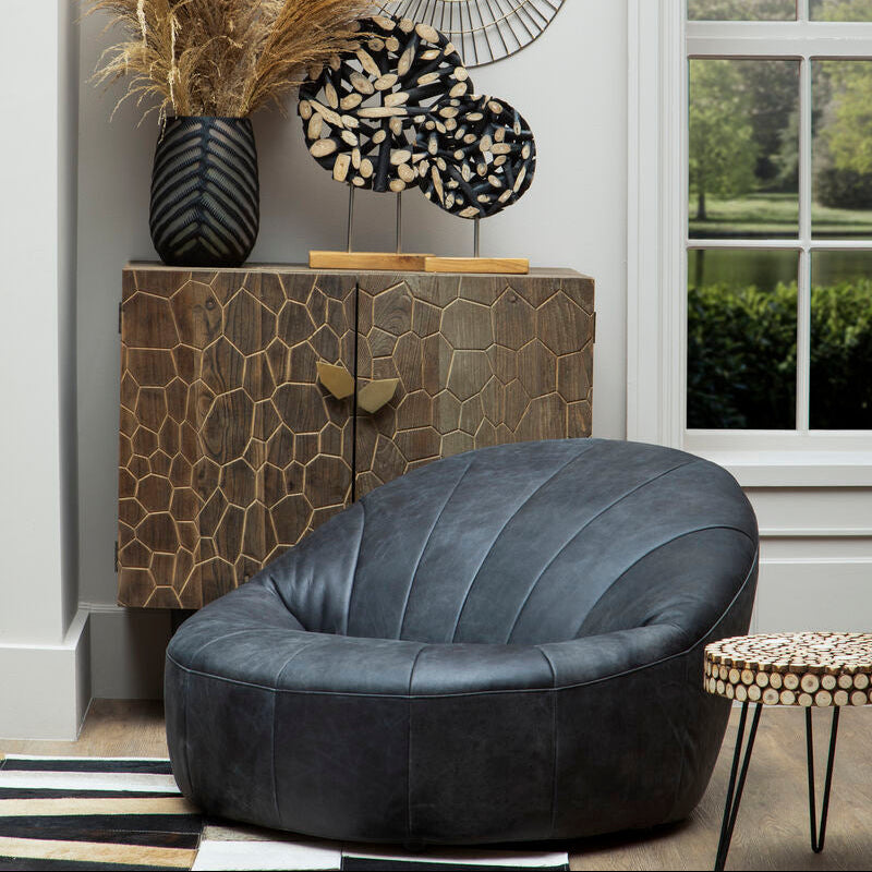 Antique Black Leather Cocoon Lounge Chair