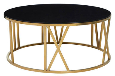 Round Coffee Table with Brushed Gold Frame and Black Glass Top