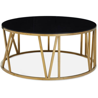 Round Coffee Table with Brushed Gold Frame and Black Glass Top