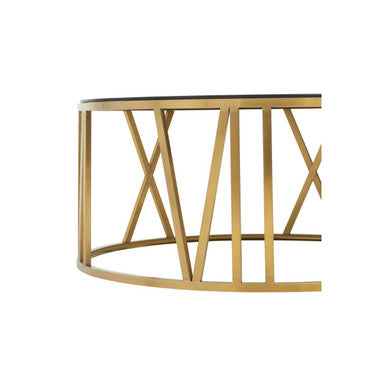 Round Coffee Table with Brushed Gold Frame and Black Glass Top