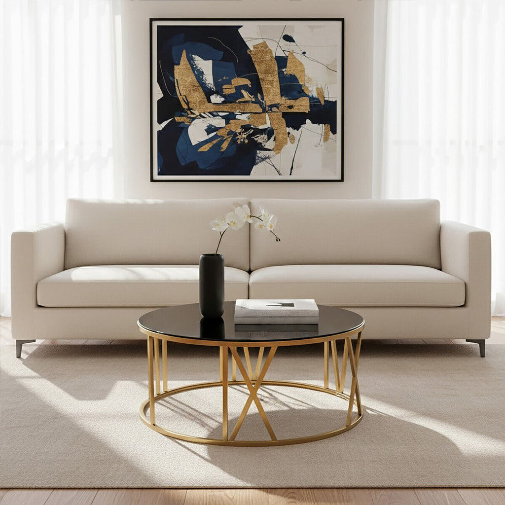 Round Coffee Table with Brushed Gold Frame and Black Glass Top
