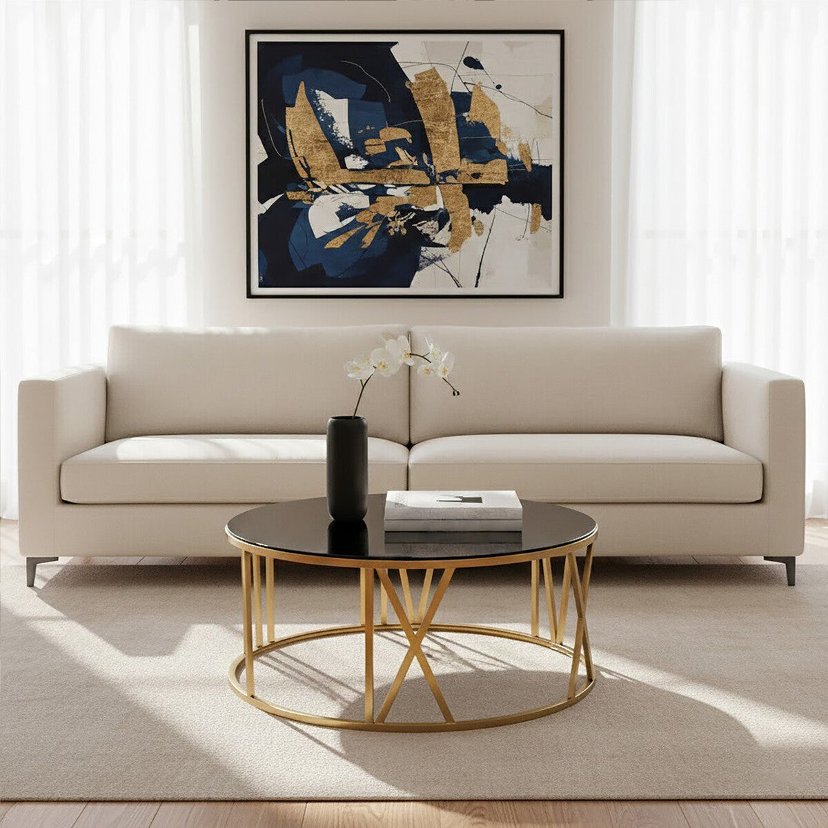 Round Coffee Table with Brushed Gold Frame and Black Glass Top
