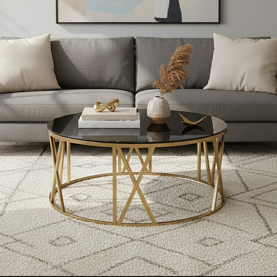 Round Coffee Table with Brushed Gold Frame and Black Glass Top