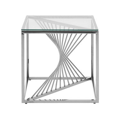 Silver Stainless Steel End Table with Clear Glass Top