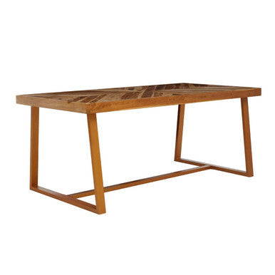 Natural Teak Wood Dining Table with Herringbone Top and Gold Metal Frame