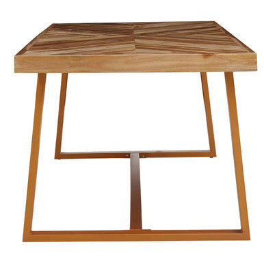 Natural Teak Wood Dining Table with Herringbone Top and Gold Metal Frame