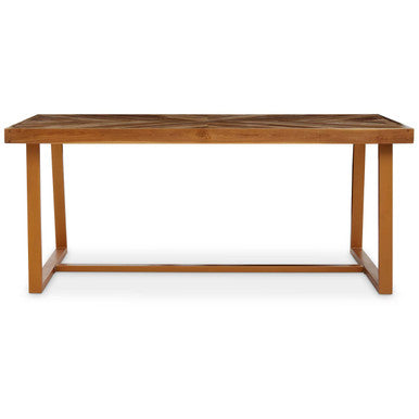 Natural Teak Wood Dining Table with Herringbone Top and Gold Metal Frame
