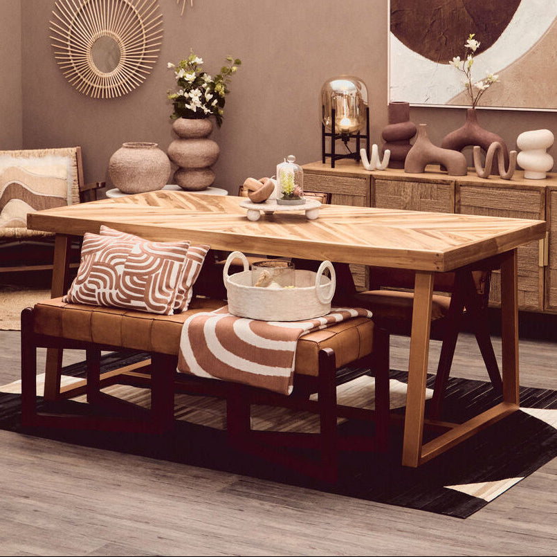 Natural Teak Wood Dining Table with Herringbone Top and Gold Metal Frame
