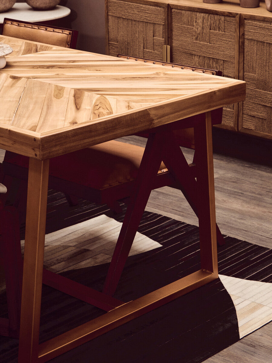 Natural Teak Wood Dining Table with Herringbone Top and Gold Metal Frame