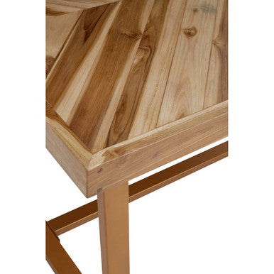 Natural Teak Wood Dining Table with Herringbone Top and Gold Metal Frame