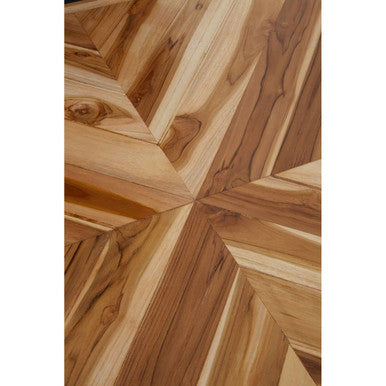 Natural Teak Wood Dining Table with Herringbone Top and Gold Metal Frame