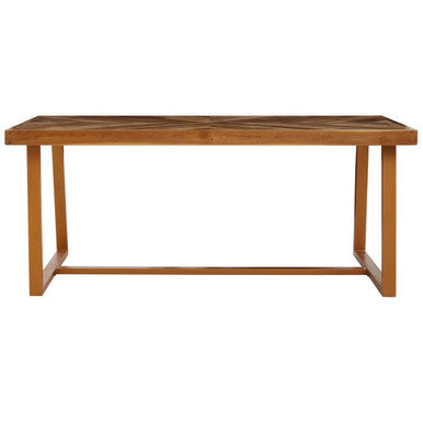 Natural Teak Wood Dining Table with Herringbone Top and Gold Metal Frame