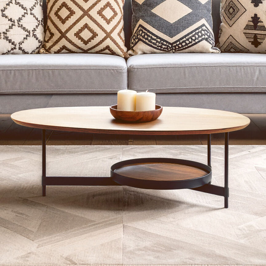 Black Metal Frame Coffee Table with Natural Oblong Top