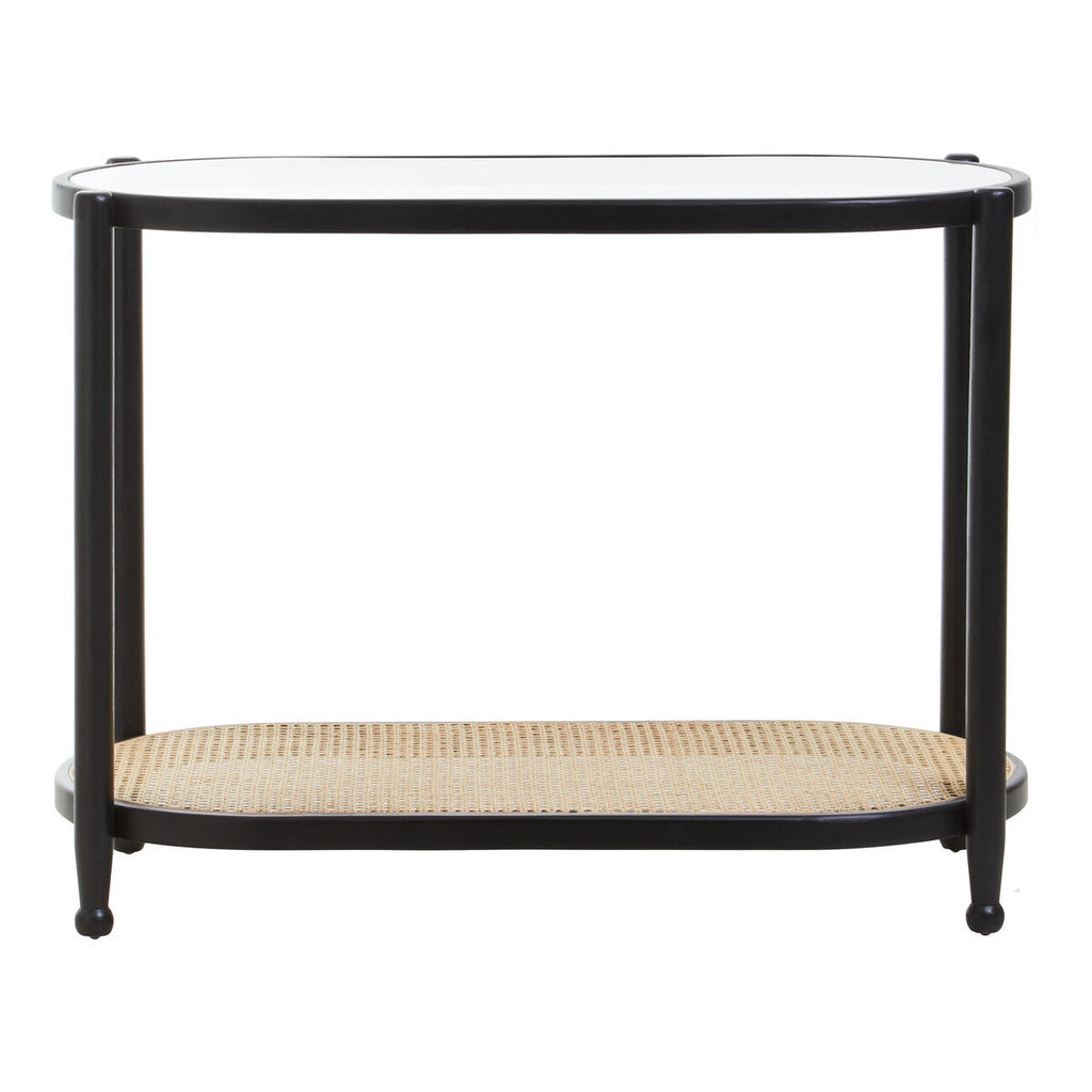 Black Elm Wooden Frame Console Table with Glass Top and Rattan Shelf