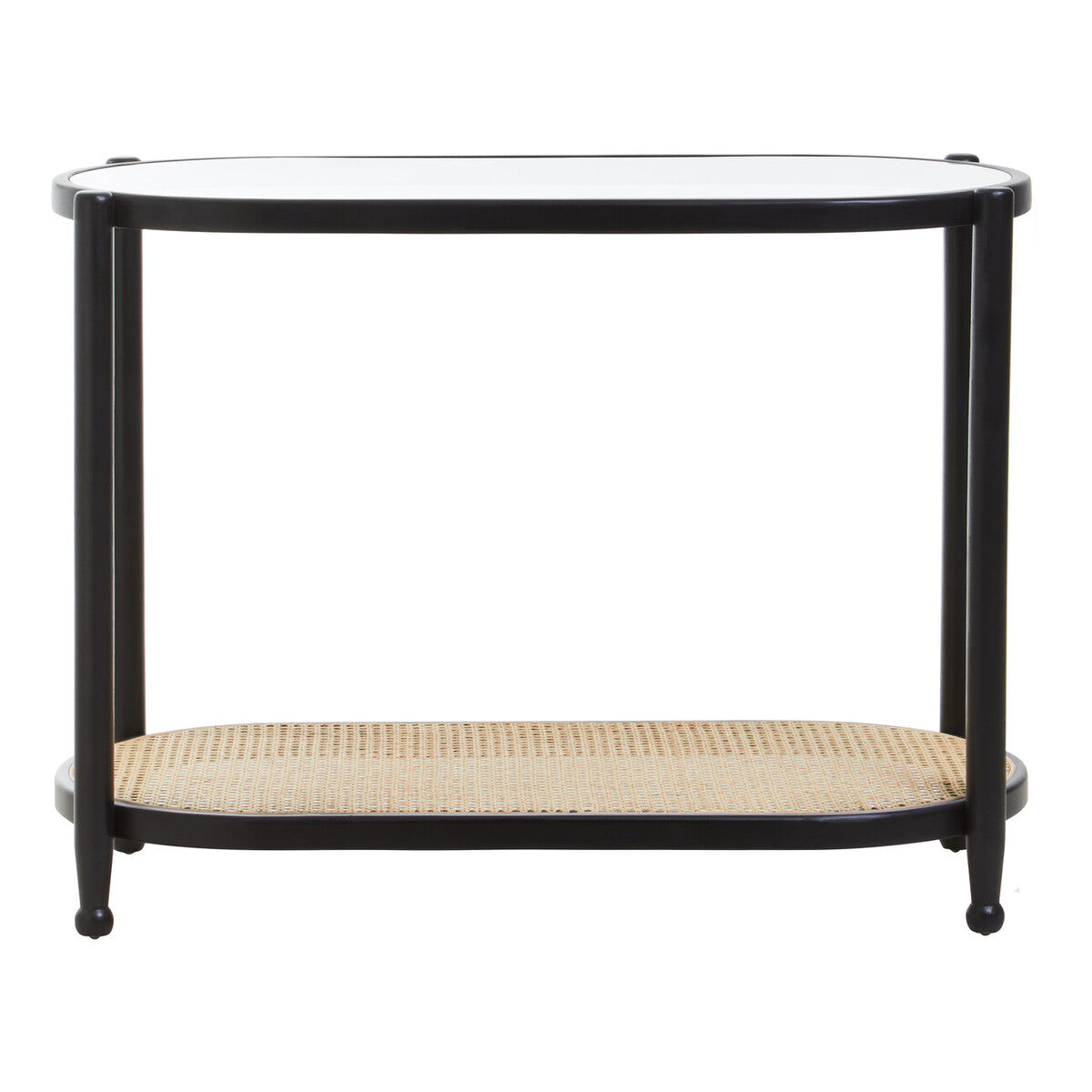 Black Elm Wooden Frame Console Table with Glass Top and Rattan Shelf