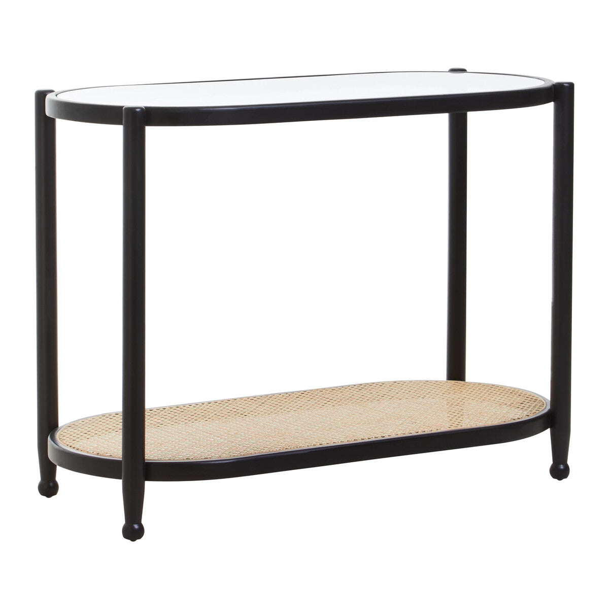 Black Elm Wooden Frame Console Table with Glass Top and Rattan Shelf
