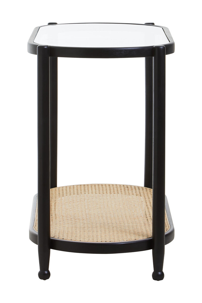 Black Elm Wooden Frame Console Table with Glass Top and Rattan Shelf