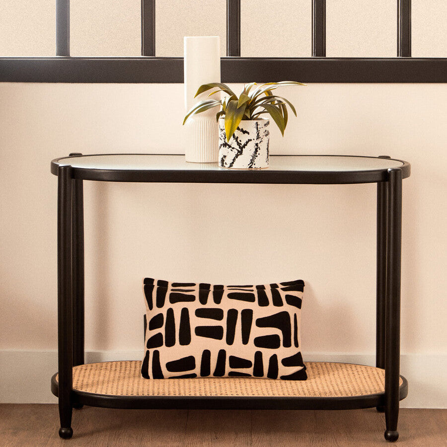 Black Elm Wooden Frame Console Table with Glass Top and Rattan Shelf