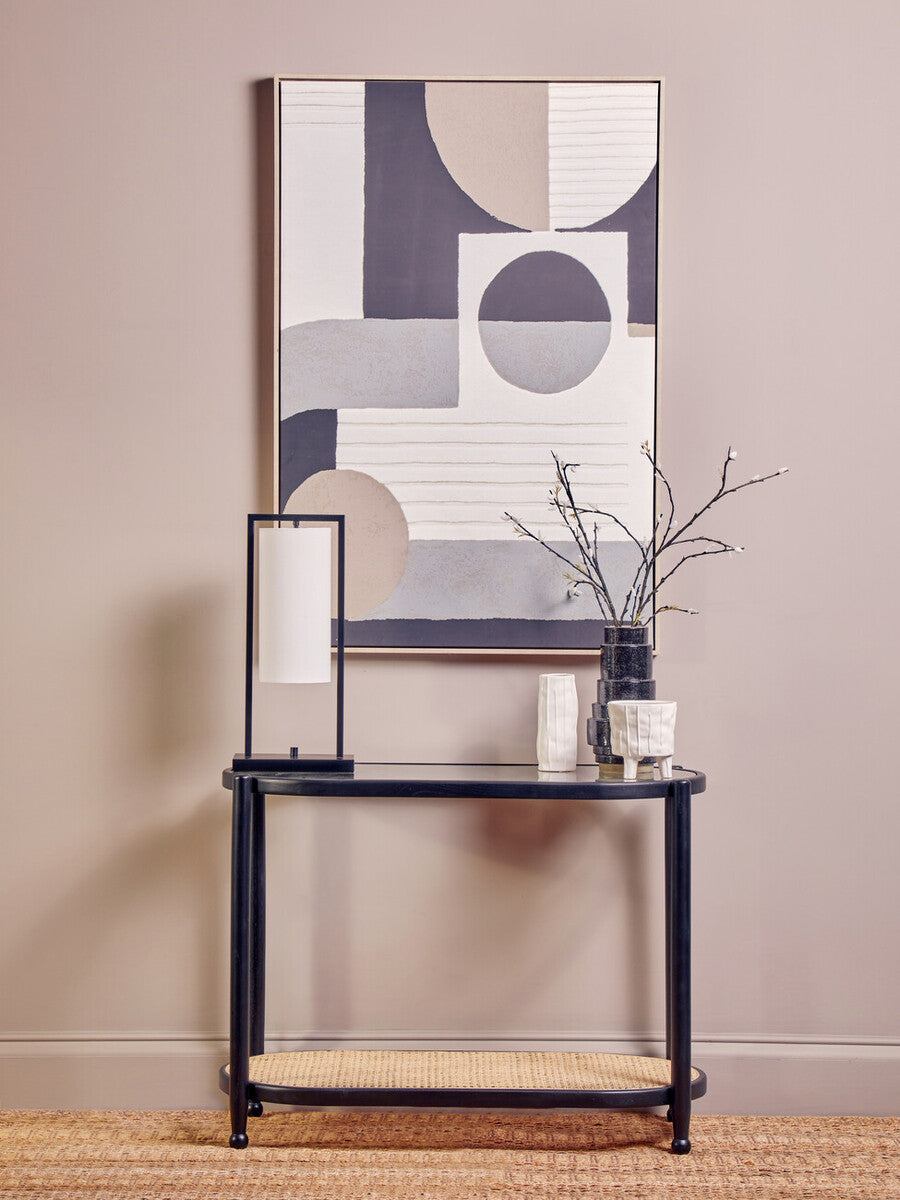 Black Elm Wooden Frame Console Table with Glass Top and Rattan Shelf