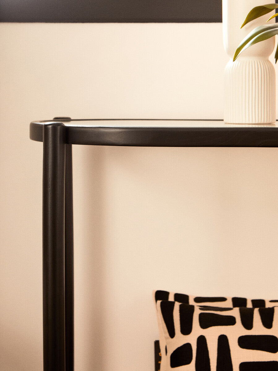 Black Elm Wooden Frame Console Table with Glass Top and Rattan Shelf