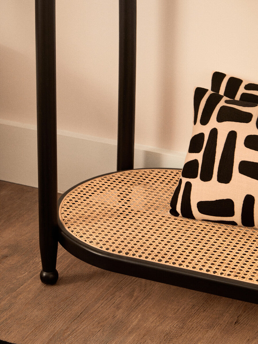 Black Elm Wooden Frame Console Table with Glass Top and Rattan Shelf