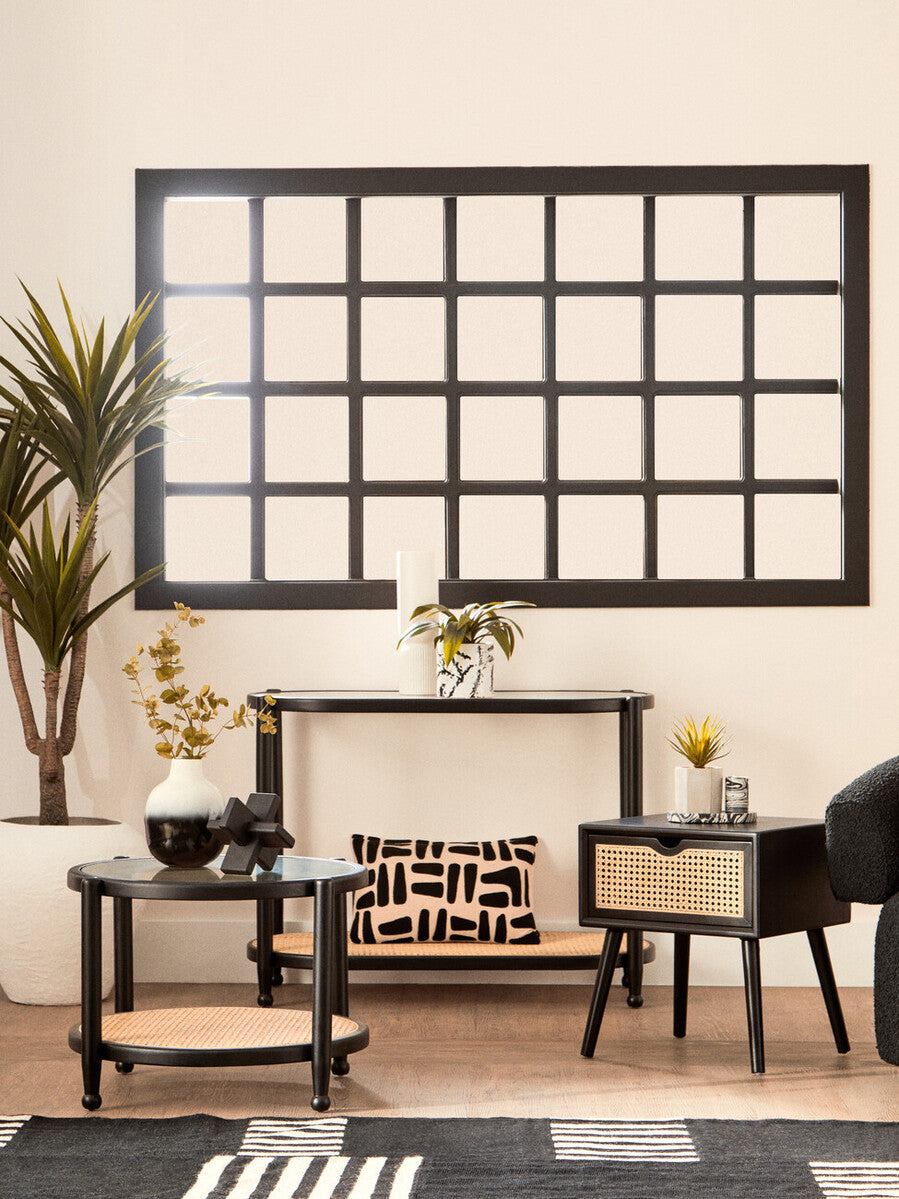 Black Elm Wooden Frame Console Table with Glass Top and Rattan Shelf